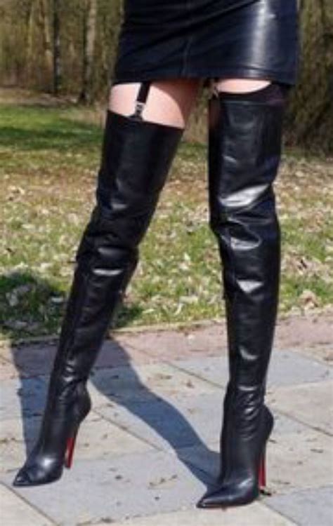 black leather skirt thigh boots stockings suspenders thigh boots