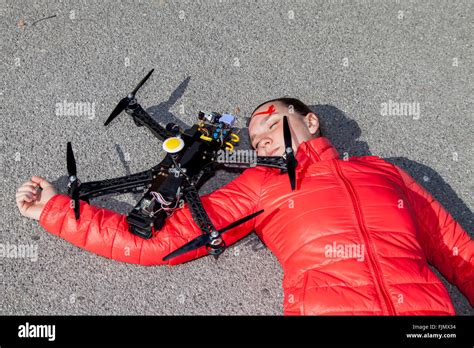 pretty woman attacked  drone quadrocopter  bleeding head injuries stock photo alamy