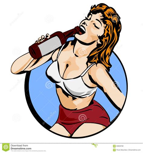 doodle with a cheerful woman drinks wine from a bottle