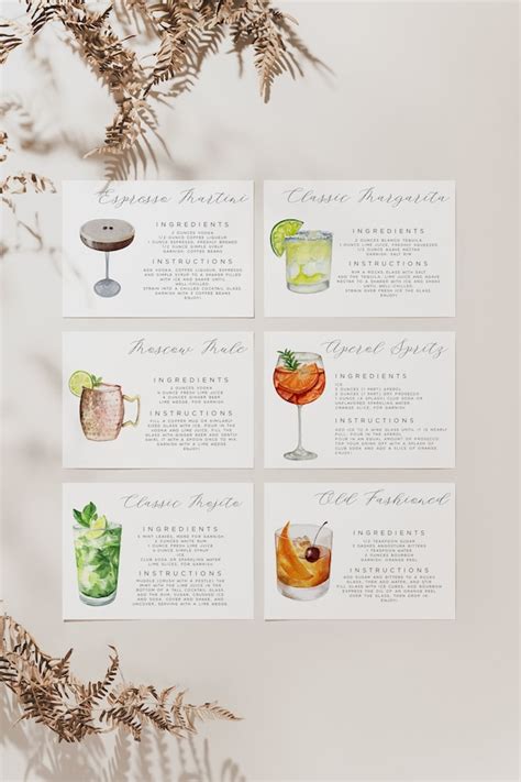 cocktail recipe cards template editable drink recipe card etsy