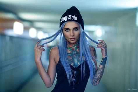 wallpaper women long hair blue hair nose rings eyeshadow tattoo