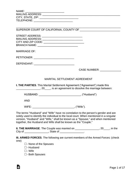 california marital settlement divorce agreement  word