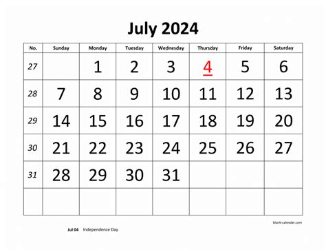 printable july  calendar large font design