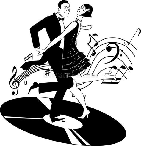 A Man And Woman Dancing On The Dance Floor With Musical Notes In The