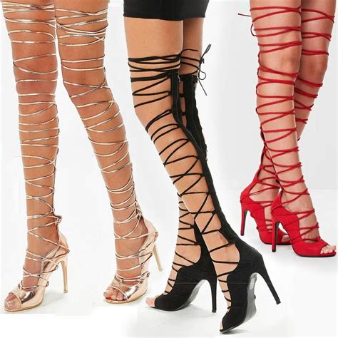womens ladies lace up thigh high rose gold strappy