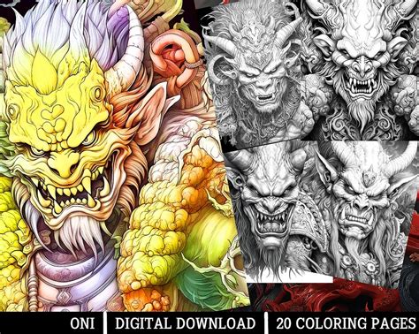 oni coloring pagesfor adults instant  grayscale etsy