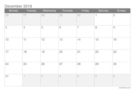 december  printable calendar icalendarsnet