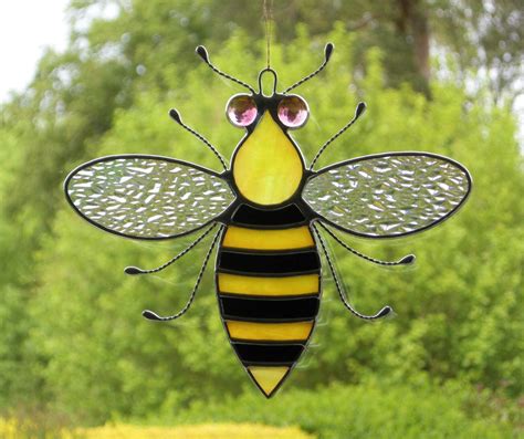 stained glass suncatcher bee with iridescent wings black and yellow body