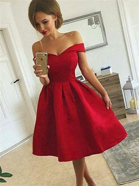 Cute Off Shoulder Red Satin Short Prom Dresses Off