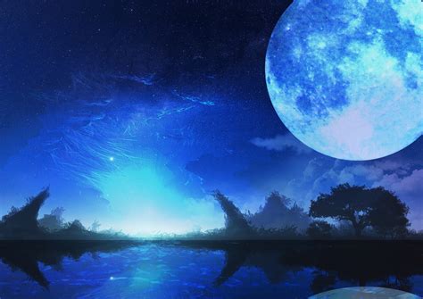 배경 화면 달 하늘 별 밤 나무 단색화 푸른 아무도 물 1754x1240 Elcomandante81