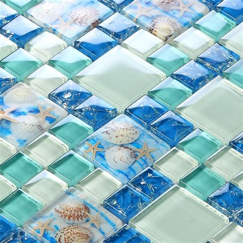 Beach Style Sea Blue Glass Tile Mother Of Pearl Resin Chips Green Aqua