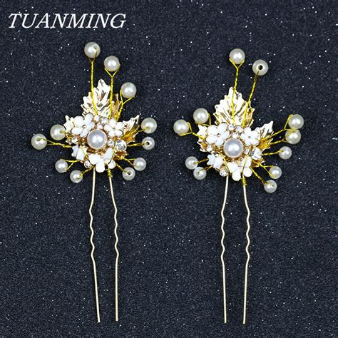 gold wedding hairpins pearl bride hair jewelry accessories flower