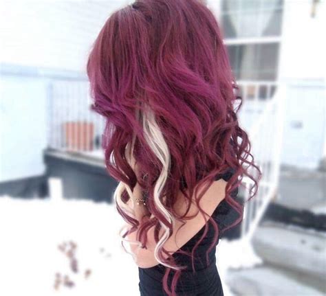 eggplant colored hair with bleach blonde peek a boo streaks hair burgundy hair hair