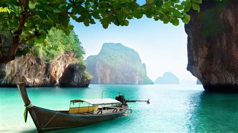 thailand thai sea water island boat ship trees rocks beach vacation wallpapers hd