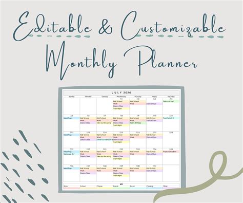editable  customizable monthly planning template etsy