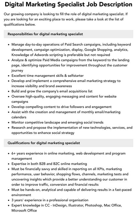 roles  responsibilities  digital marketing specialist