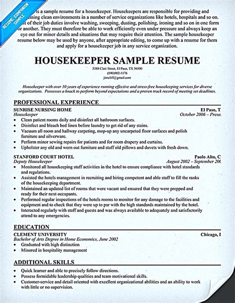 housekeeper resume       highlight important