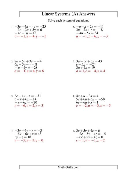 practice solving systems  equations   variables answers