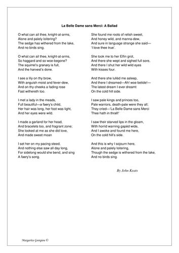 La Belle Dame Sans Merci Poem And Worksheets Teaching Resources