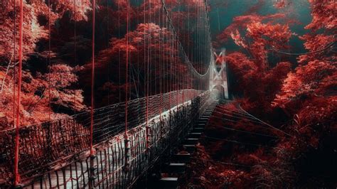 bridge  red autumn trees hd dark aesthetic wallpapers hd