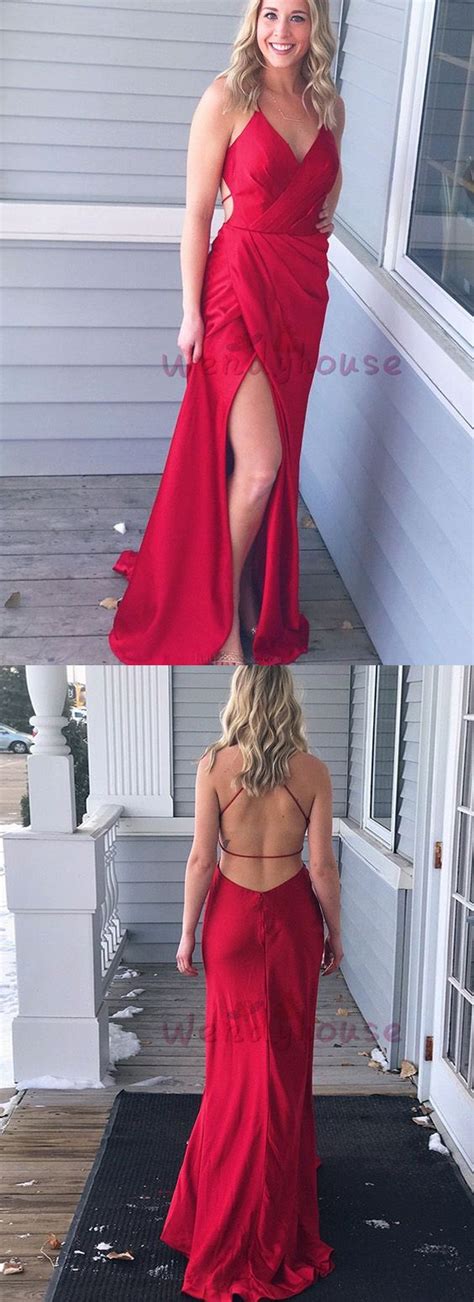 red front split long prom evening dress backless prom dresses red