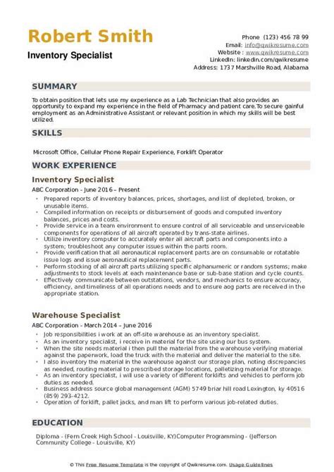 Inventory Specialist Resume Samples Qwikresume