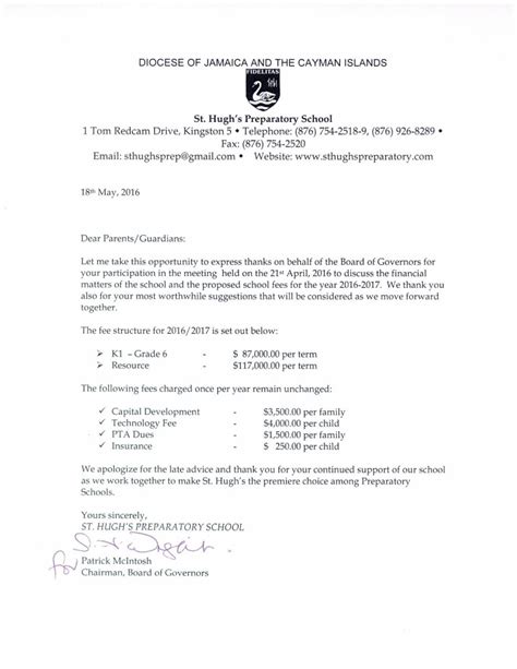 letter  parents school fees