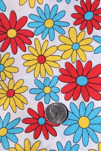 60s vintage cotton fabric w flower power daisy print in aqua red yellow