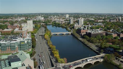 stock footage aerial video flying  charles river approaching