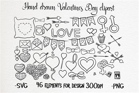 hand drawn valentines black  white clipart set