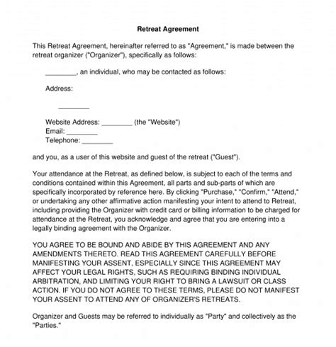 retreat agreement sample template word