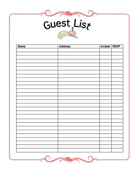 printable guest list template printable world holiday