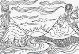 Paisagem Trippy Fantasia Montanha Stijl Creatieve Leiden Zonsondergang Berglandschap Wolken Zon Nuvole Conduce Creativa Coloritura Montagna Paesaggio Che Tecknad Sketch sketch template