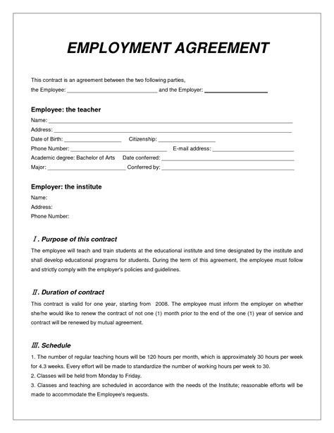 employment agreement contract template  printable documents work agreement contract