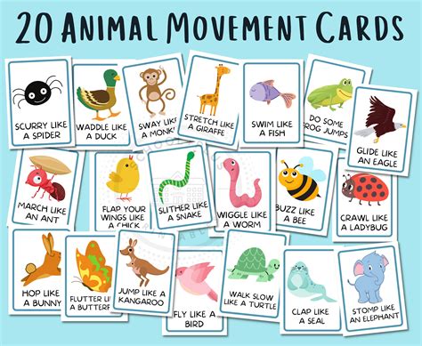animal movement cards  kids  animal themed printable etsy australia