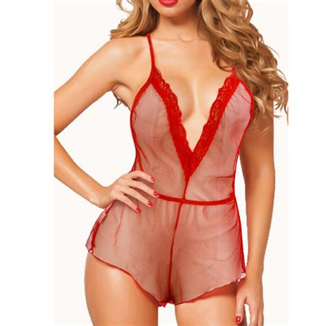 sexy red sheer mesh loose sleepwear bodysuit teddy lingerie n17356