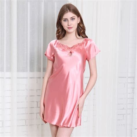 Faux Silk Women Nightgowns Satin Nightdress Short Sleeve Girl