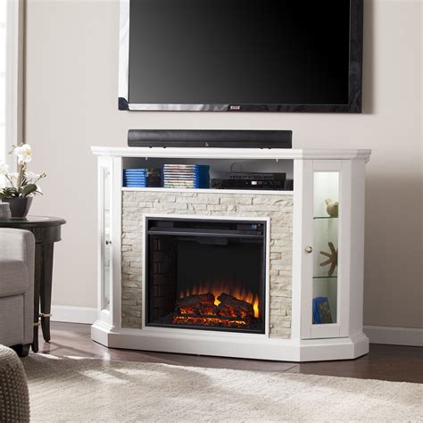 redden corner convertible electric media fireplace white faux stone fe fi