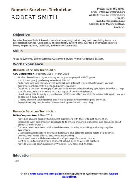 remote services technician resume samples qwikresume