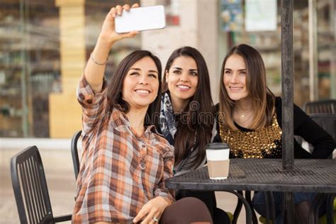 Group Of Three Women Taking A Selfie Stock Image Image Of Media