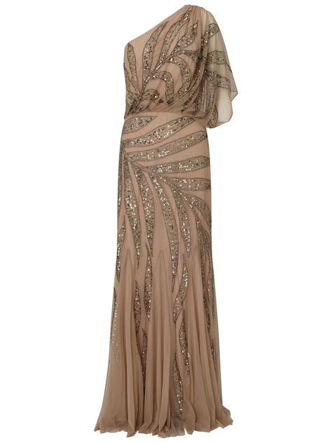 adrianna papell one shoulder long beaded dress taupe pink at john