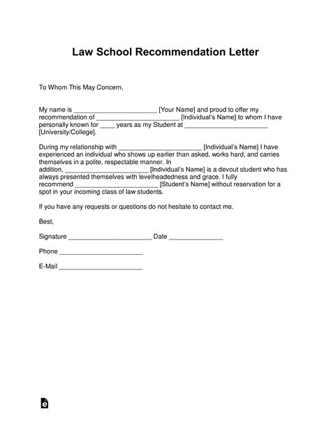 free law school recommendation letter templates with