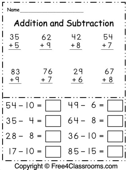 addition  subtraction math worksheet  worksheets