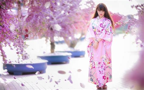 women model brunette long hair asian women outdoors japanese clothes geisha trees pink