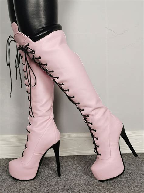 platform knee high boots womens light pink lace up round toe stiletto