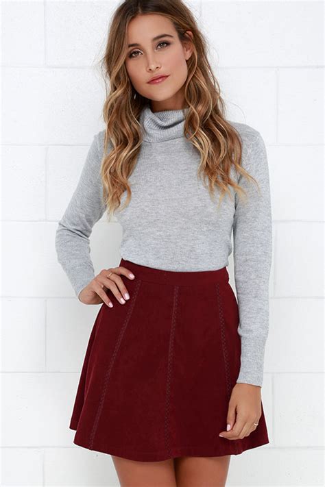 cute wine red skirt suede skirt a line skirt embroidered skirt