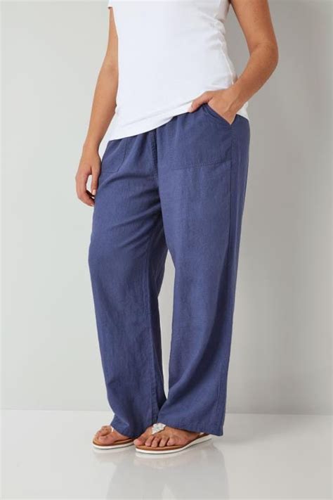 blue linen mix pull on wide leg trousers with pockets plus size 16 to 36