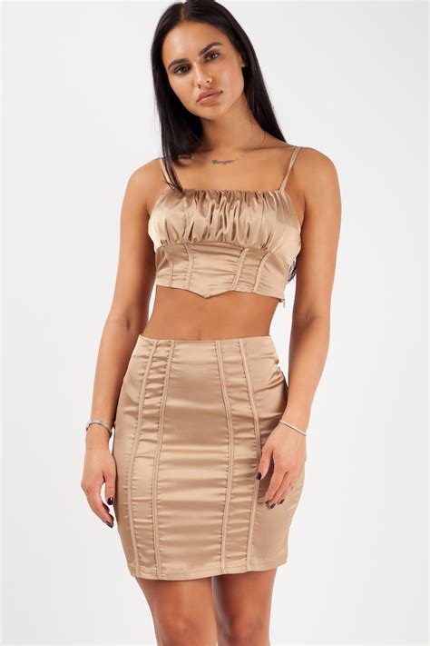 gold satin crop top mini skirt co ord set party outfit uk