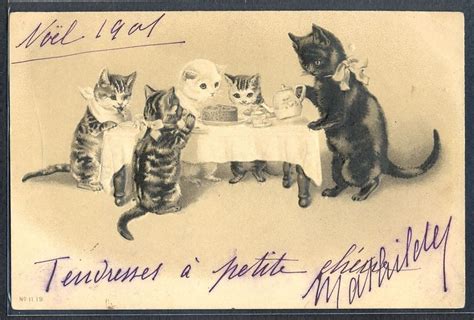 pw chats humanises  tea time cats katze cpa fantaisie gaufree embossed chat cartes