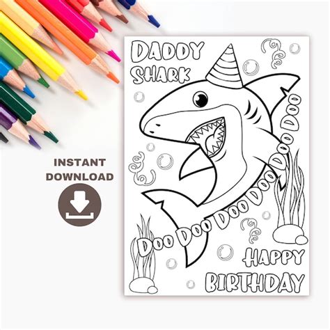daddy shark printable birthday coloring card  kids funny etsy